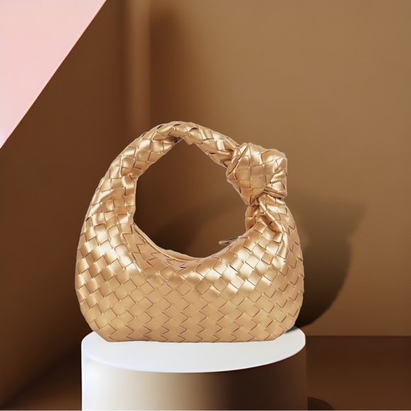 Handbags - NEW Luxury Designer Woven Faux Leather Knot Handle Mini Bag Matte Gold